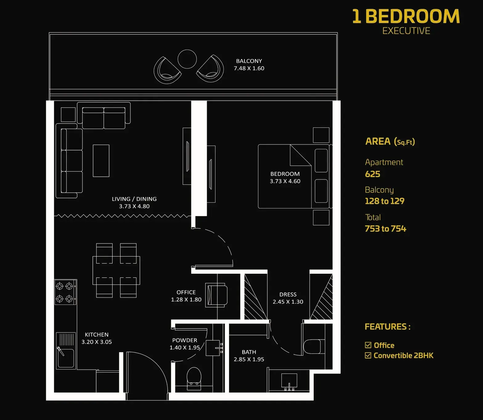 <h3>1 Bedroom Apartment : </h3>