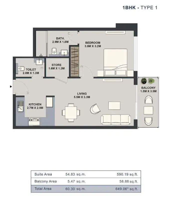 <h3>1 Bedroom Apartment : </h3>