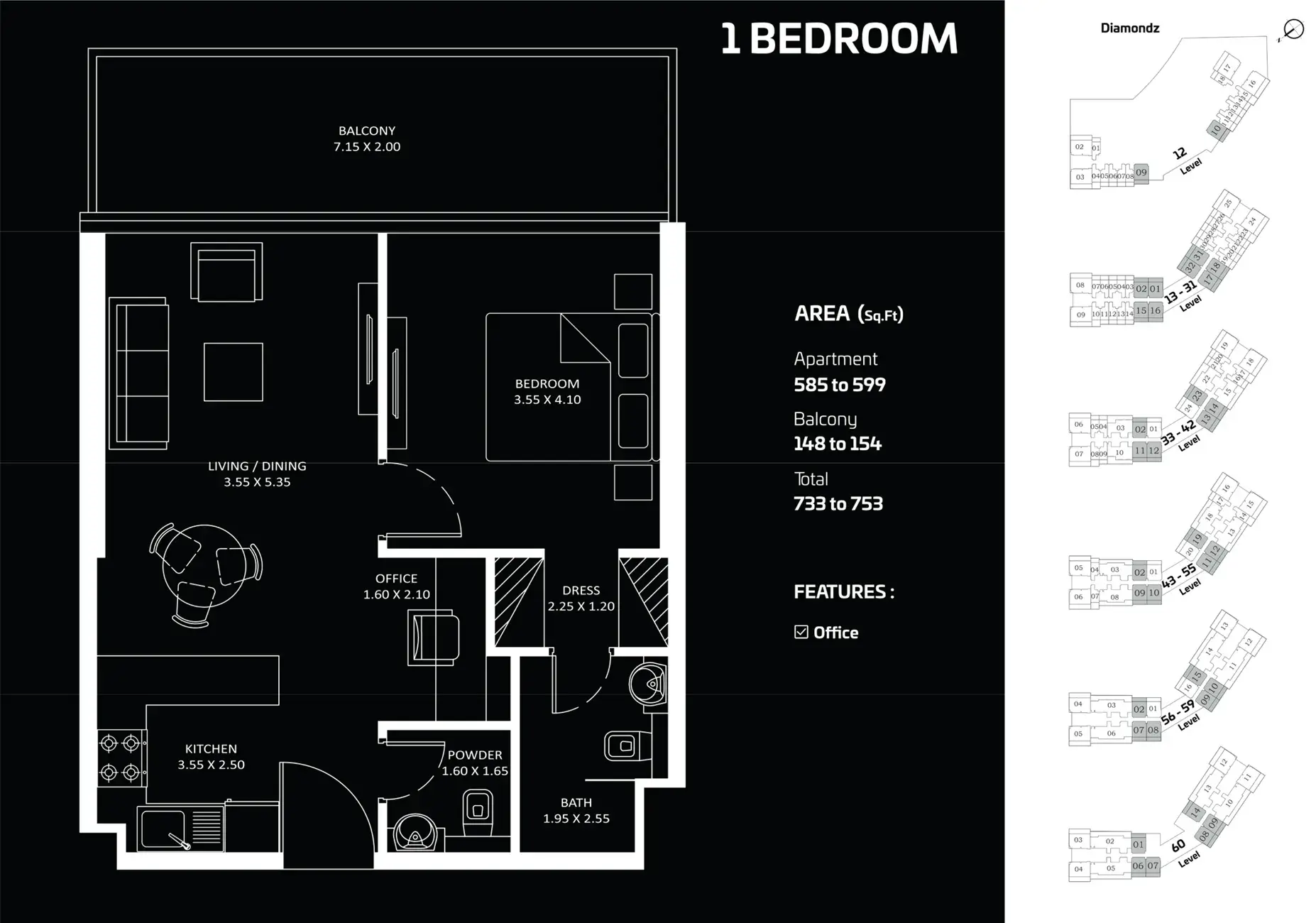 <h3>1 Bedroom Apartment : </h3>