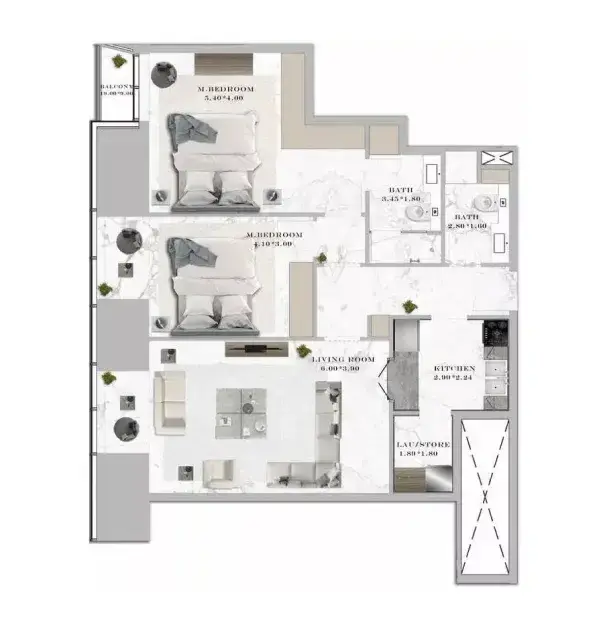 <h3>2 Bedroom Apartment : </h3>