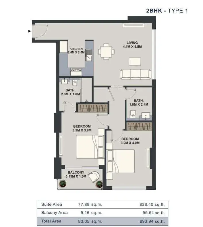 <h3>2 Bedroom Apartment : </h3>