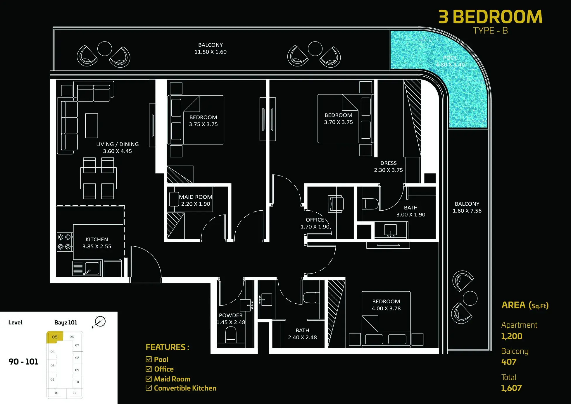 <h3>3 Bedroom Apartment : </h3>