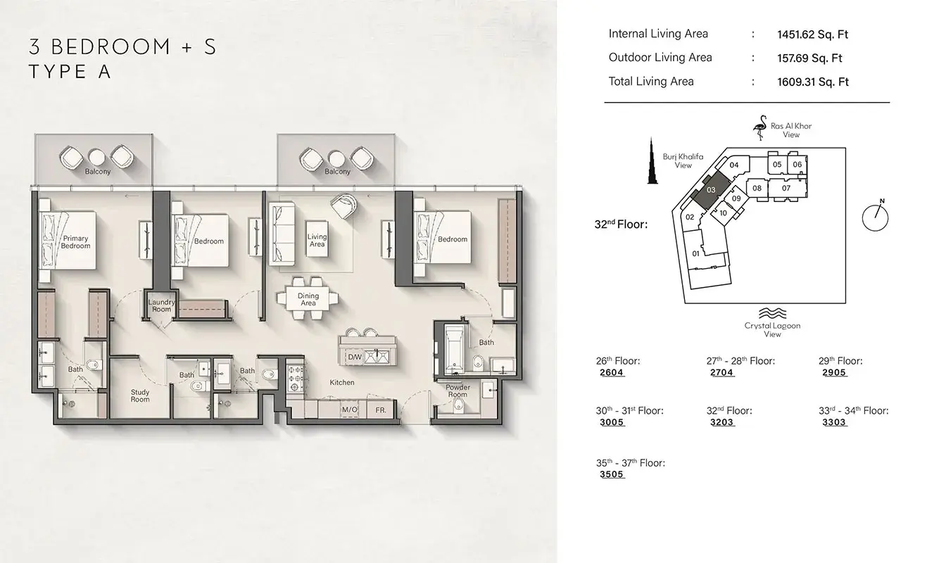 <h3>3 Bedroom Apartment : </h3>