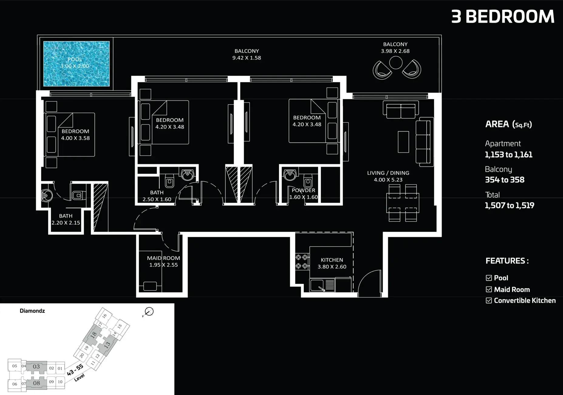 <h3>3 Bedroom Apartment : </h3>