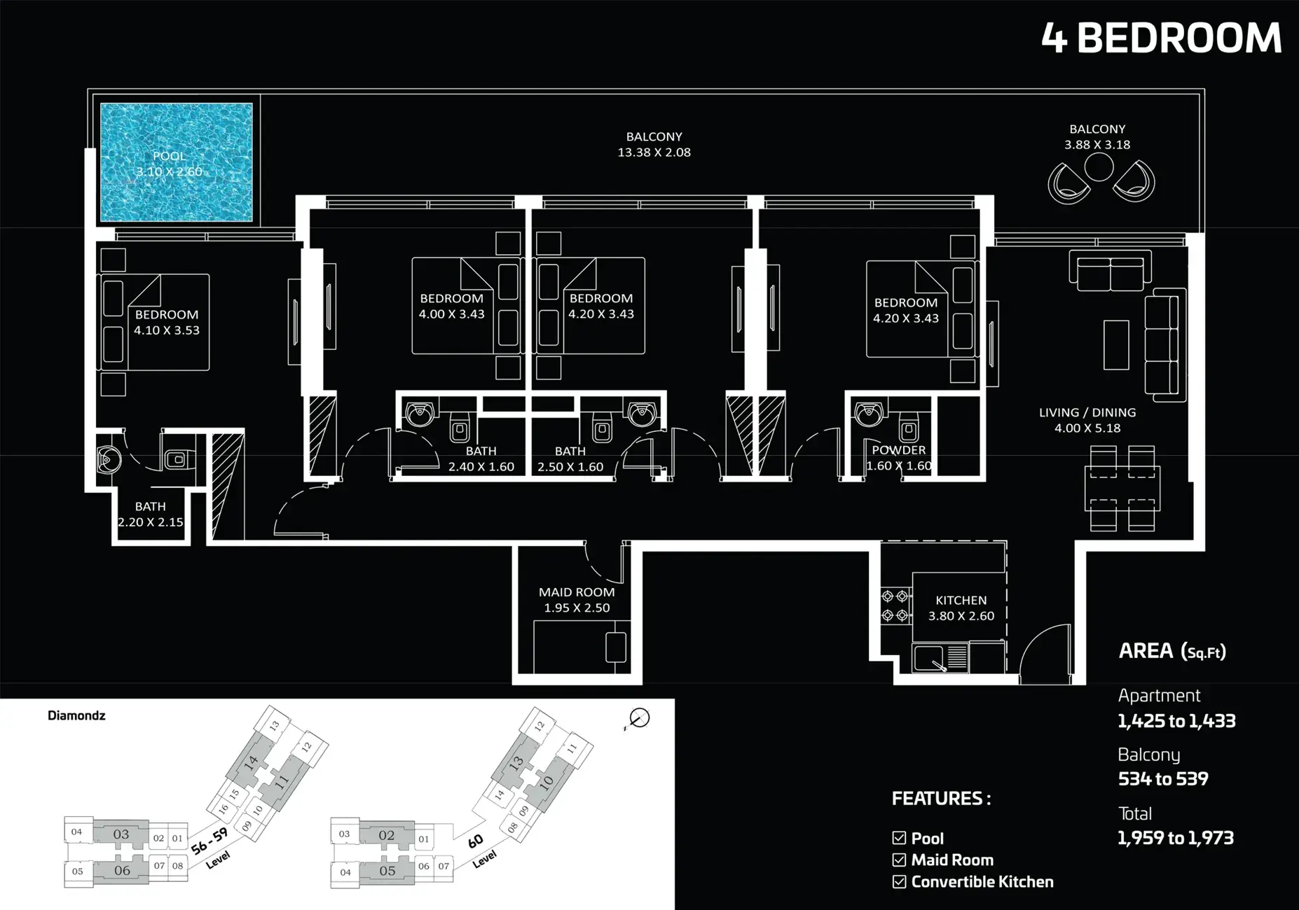 <h3>4 Bedroom Apartment : </h3>